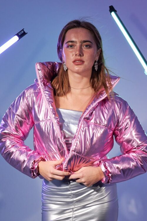 Pink metallic waterproof puffer jacket